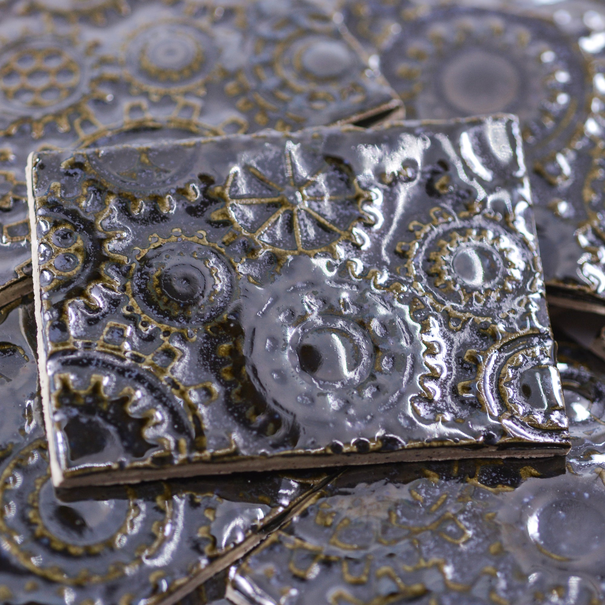 Very Glossy Black Gears - 2x3in Handmade Ceramic Tiles