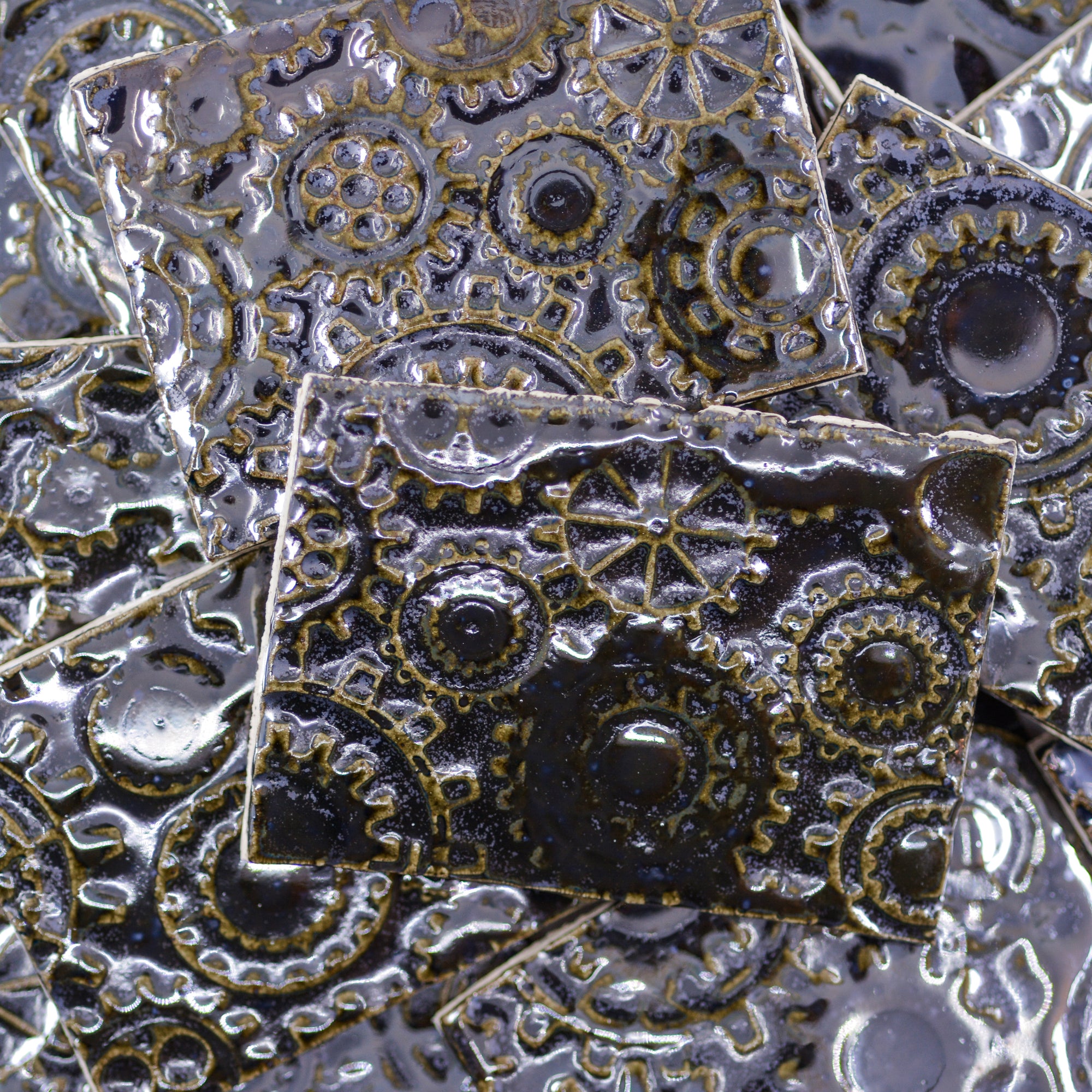 Very Glossy Black Gears - 2x3in Handmade Ceramic Tiles