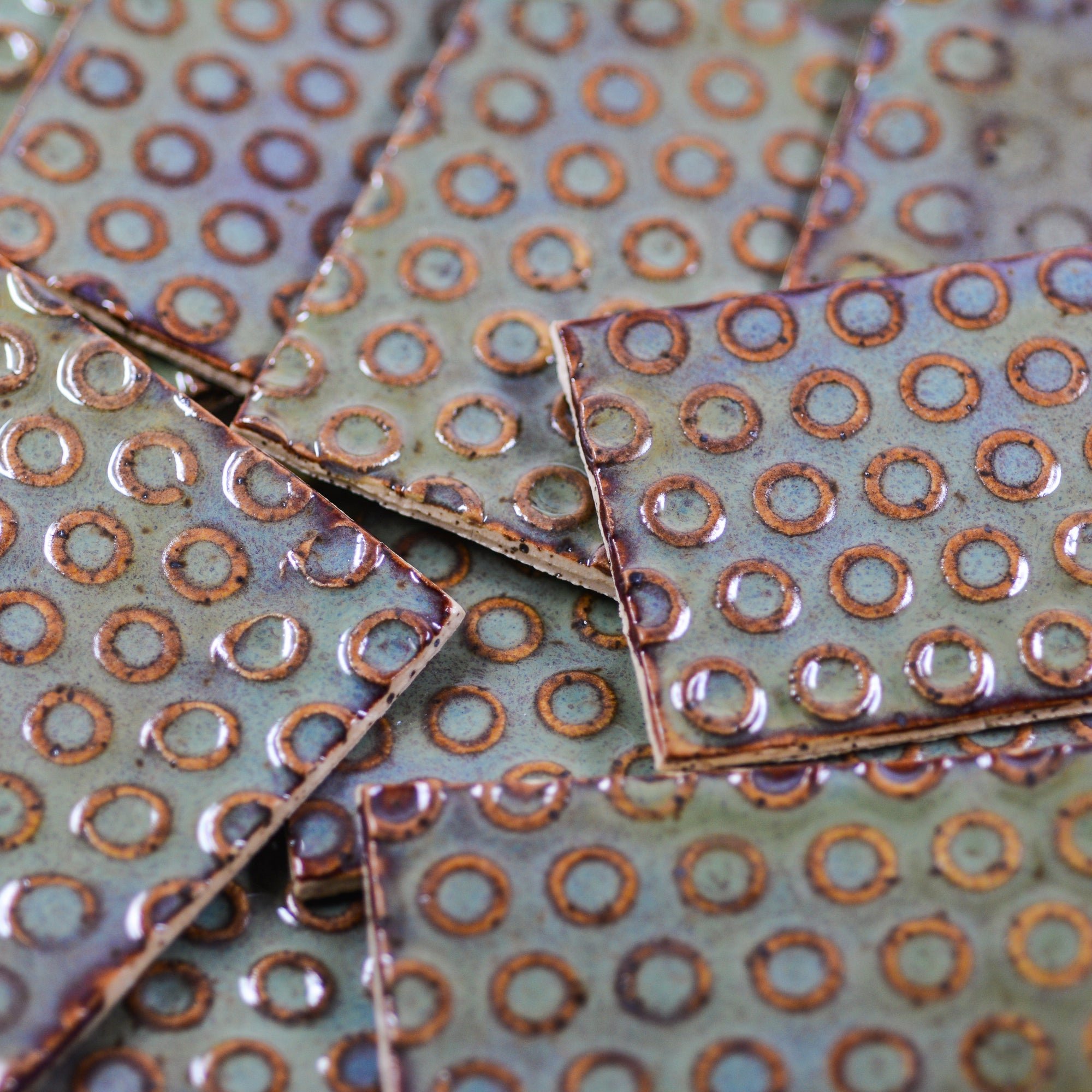 Olive Green Circle Os - 2x3in Handmade Ceramic Tiles