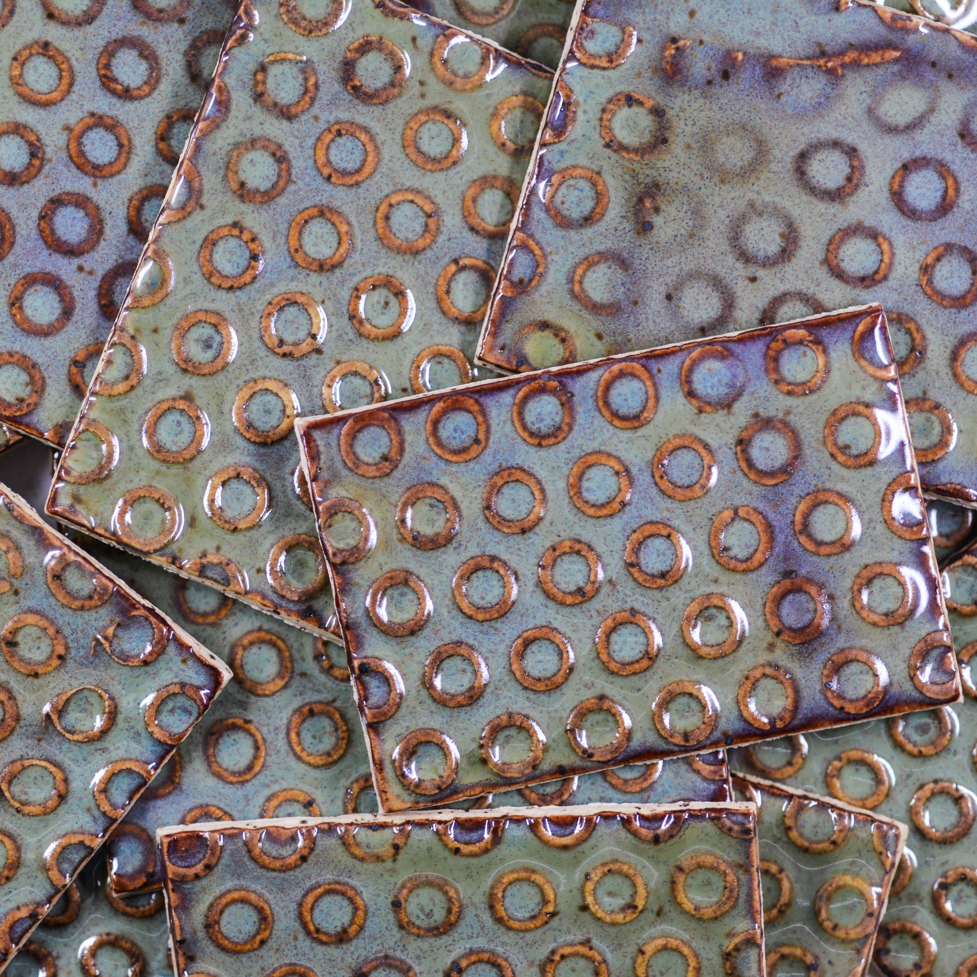 Olive Green Circle Os - 2x3in Handmade Ceramic Tiles