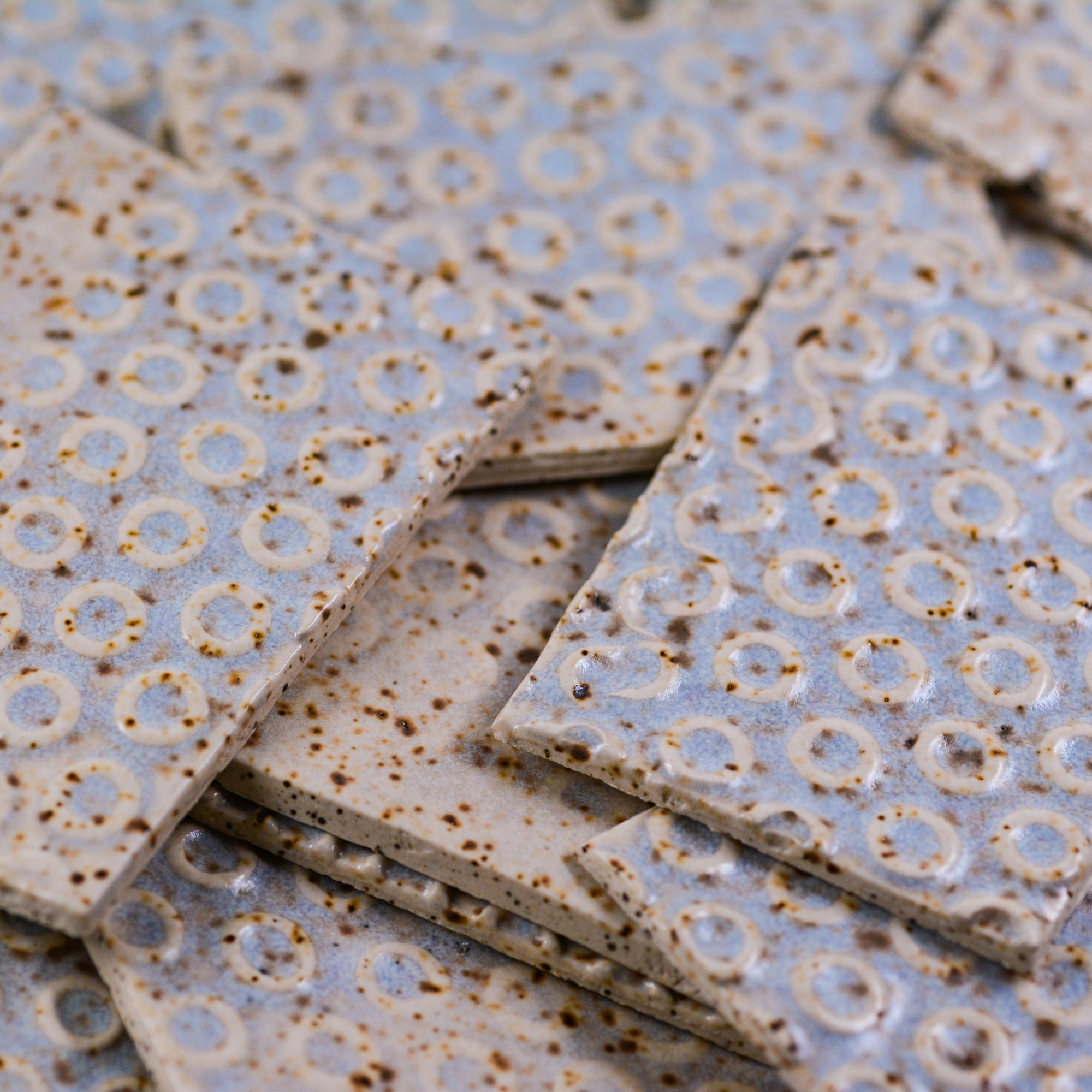 Cream & light blue Circle Os - 2x3in Handmade Ceramic Tiles