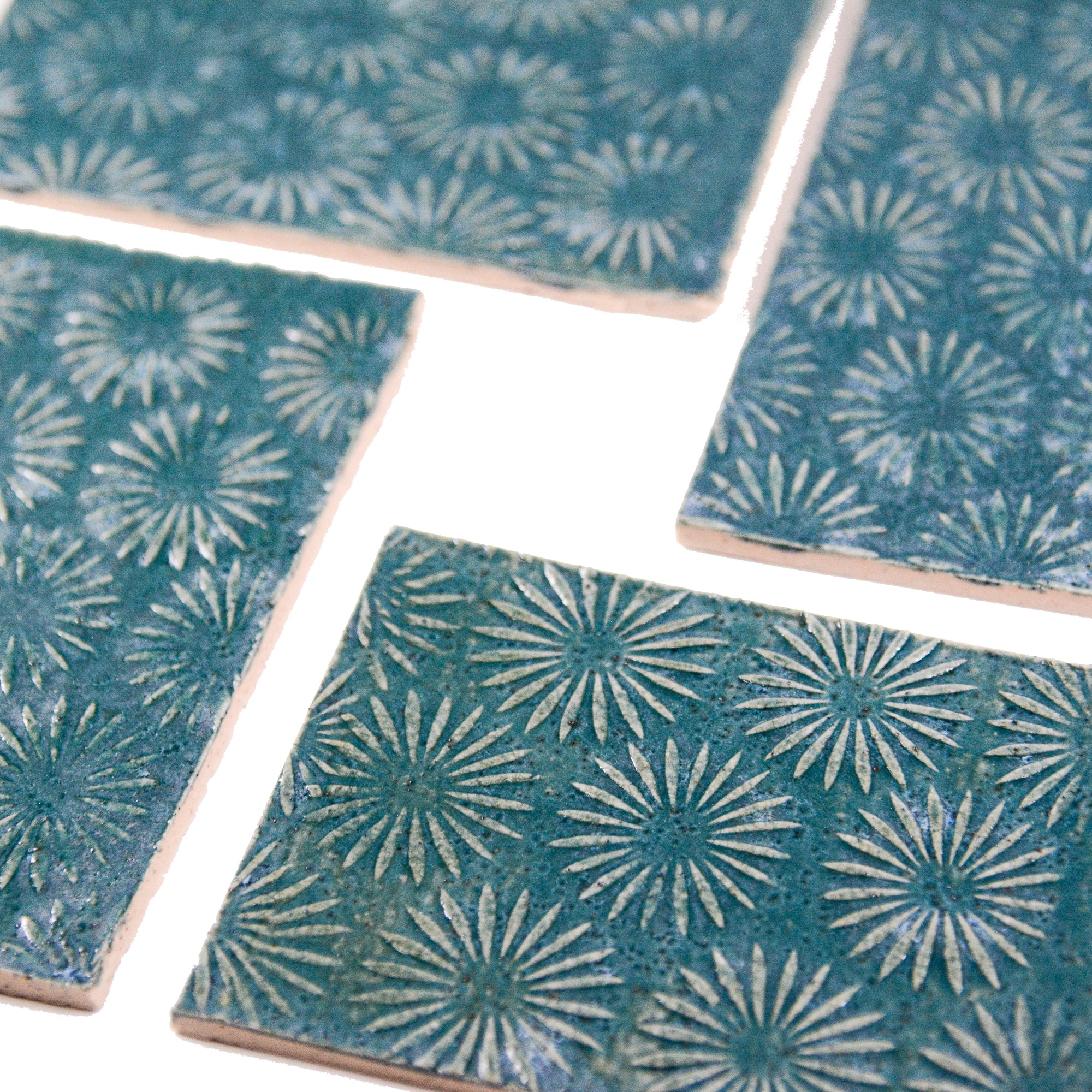 Teal Star Burst- 2x3in Handmade Ceramic Tiles