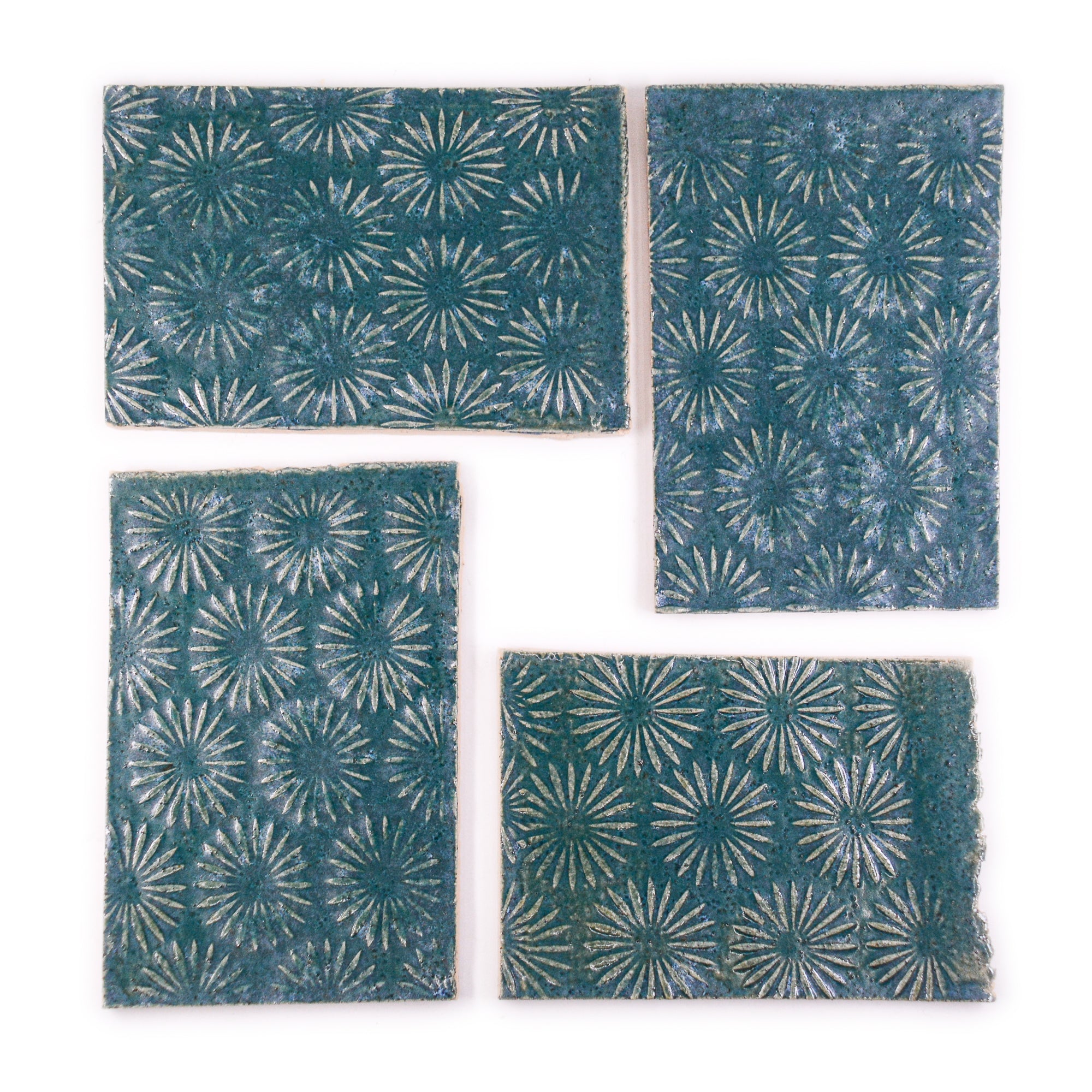 Teal Star Burst- 2x3in Handmade Ceramic Tiles