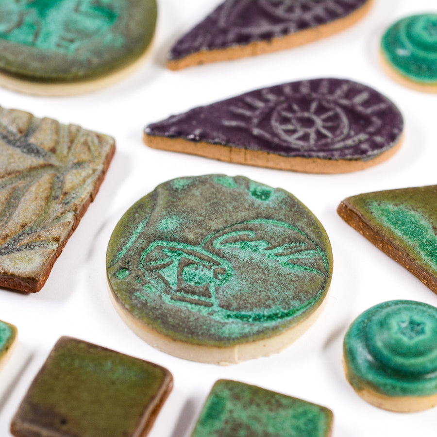 Shades of Green, Bronze and Purple- Handmade Ceramic tiles