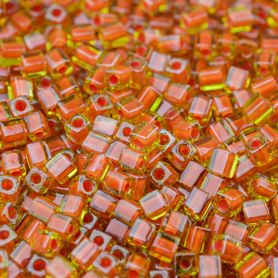 Orange Lined Chartreuse Miyuki Cube Bead