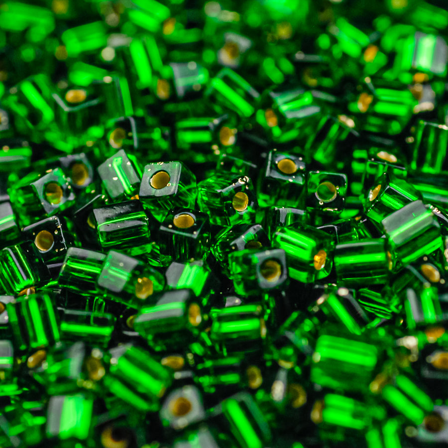 Silver-lined Green Miyuki Cube Bead